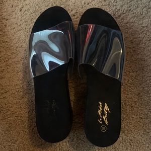 Black suede wedge sandals